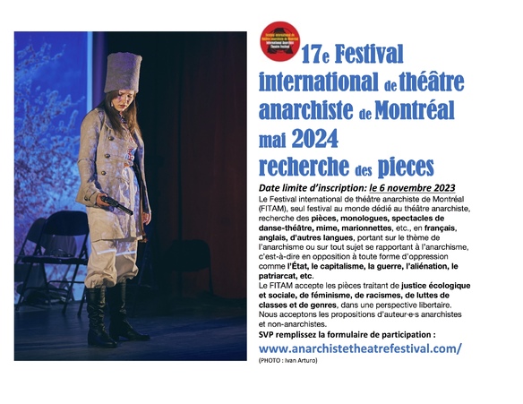 Postulez dès maintenant pour faire partie de la saison 2024 du Festival International de Théâtre Anarchiste de Montréal.